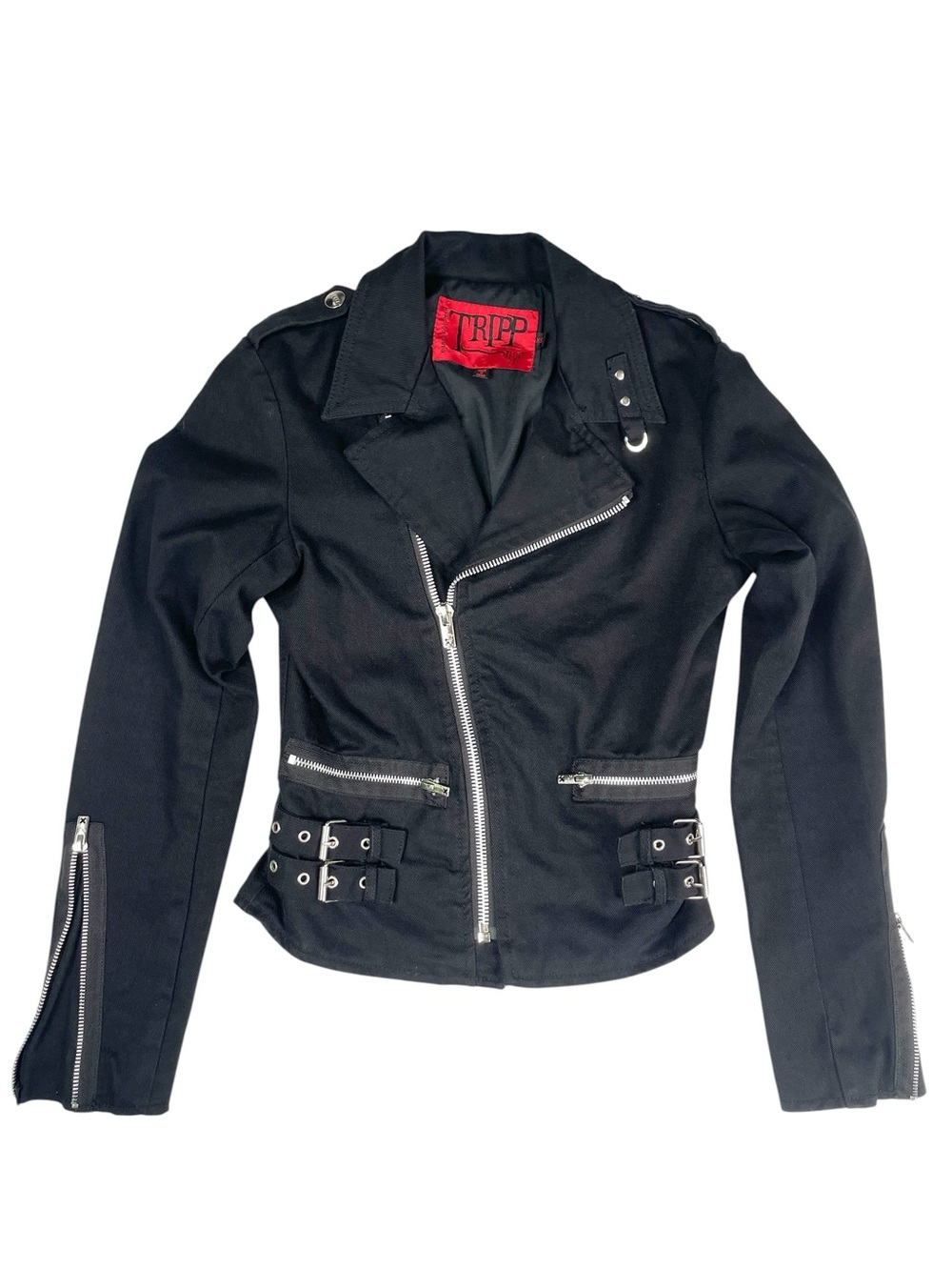 Tripp NYC Black Moto Jacket with Silver Hardware and Belt Details